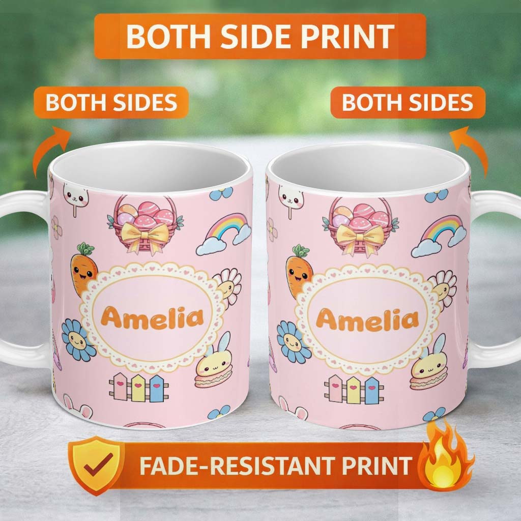 Personalized Custom Name Cute Easter Chick Bunny Macaron Carrot Rainbow Seamless Pattern 11oz Ceramic Coffee Tea Mug White Large Handle
