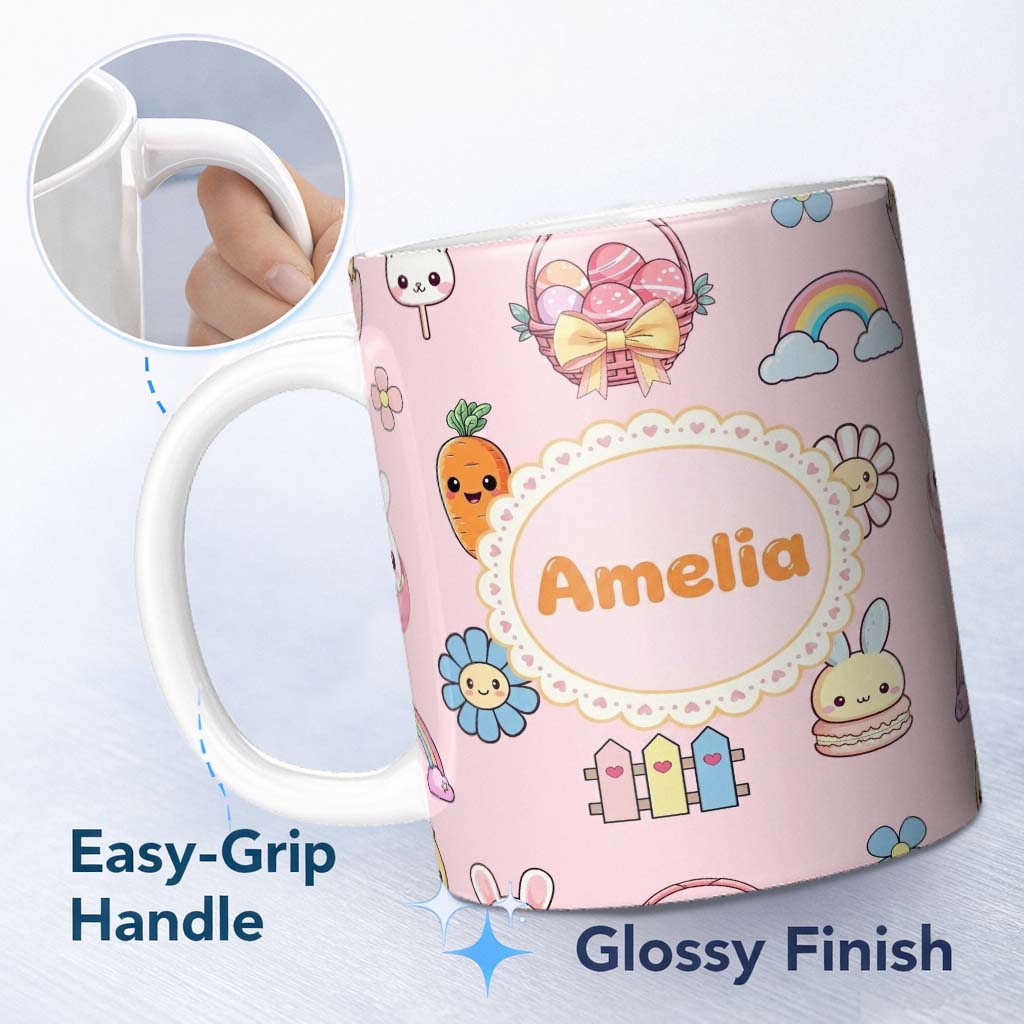 Personalized Custom Name Cute Easter Chick Bunny Macaron Carrot Rainbow Seamless Pattern 11oz Ceramic Coffee Tea Mug White Large Handle