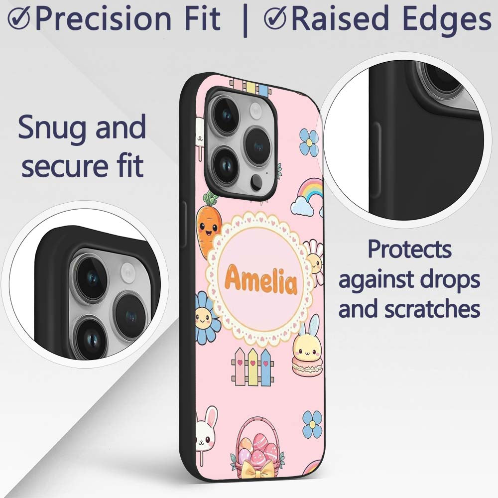 Cute Easter Chick Bunny Macaron Carrot Rainbow Custom Name Protective Phone Case Mobile Cover Durable Everyday Smartphone Shock Resistant