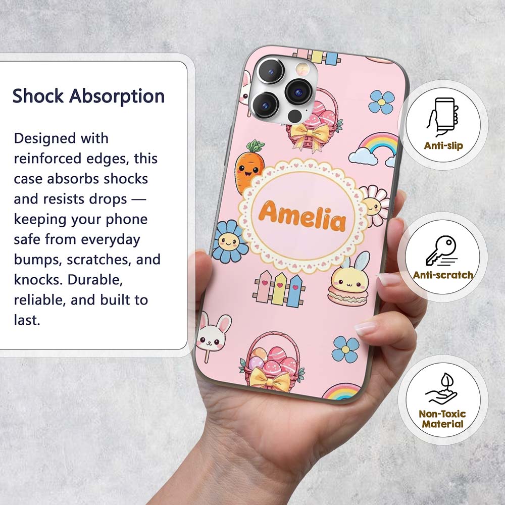 Cute Easter Chick Bunny Macaron Carrot Rainbow Custom Name Protective Phone Case Mobile Cover Durable Everyday Smartphone Shock Resistant