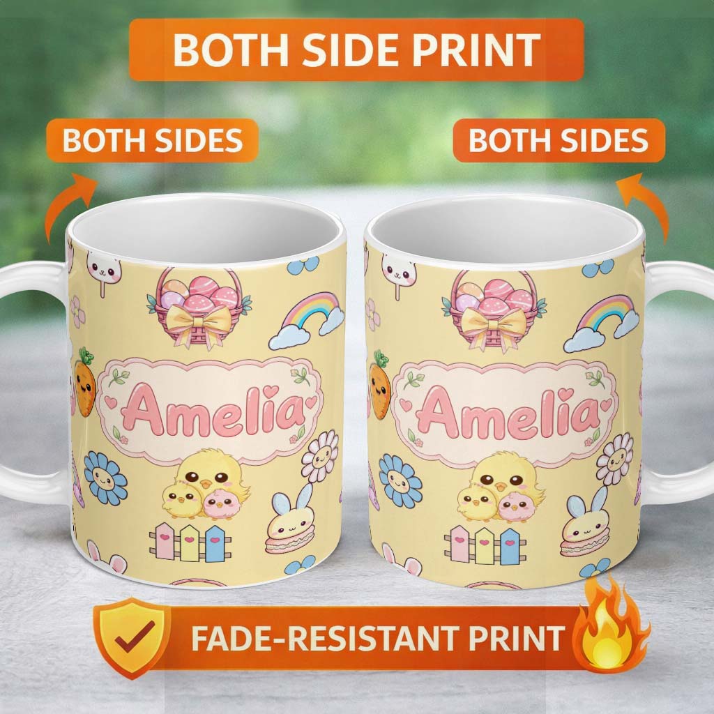 Personalized Custom Name Easter Chick Bunny Macaron Carrot Rainbow Seamless Pattern Yellow 11oz Ceramic Coffee Tea Mug White Large Handle