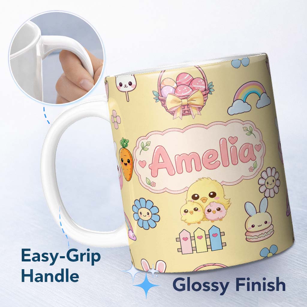 Personalized Custom Name Easter Chick Bunny Macaron Carrot Rainbow Seamless Pattern Yellow 11oz Ceramic Coffee Tea Mug White Large Handle