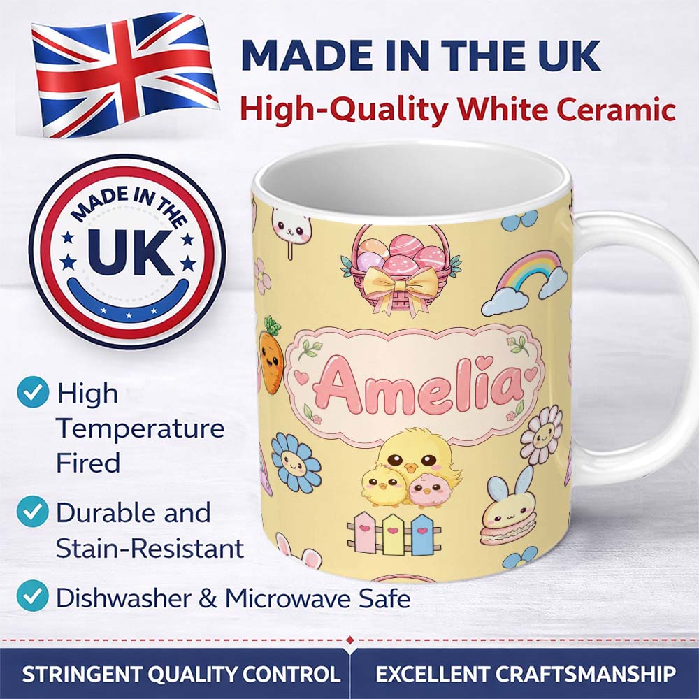 Personalized Custom Name Easter Chick Bunny Macaron Carrot Rainbow Seamless Pattern Yellow 11oz Ceramic Coffee Tea Mug White Large Handle
