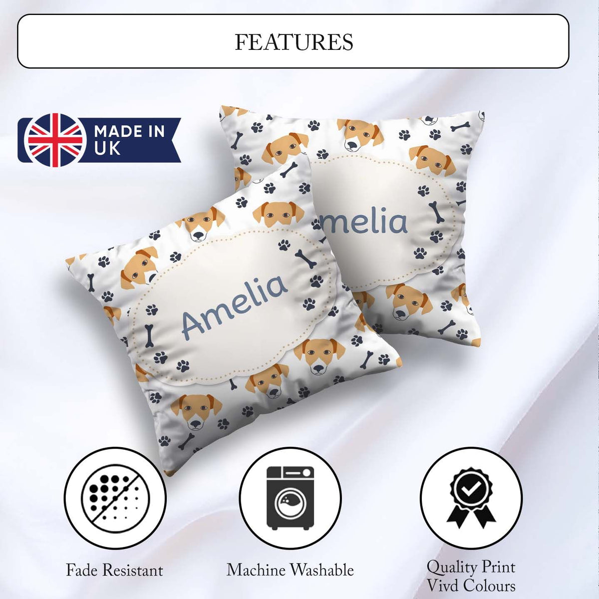 Custom Name Dog Faces Paw Prints Bones White Background Seamless Square Filled Cushion Throw Pillow Sofa Bed Home Decor Zip Washable UK Made