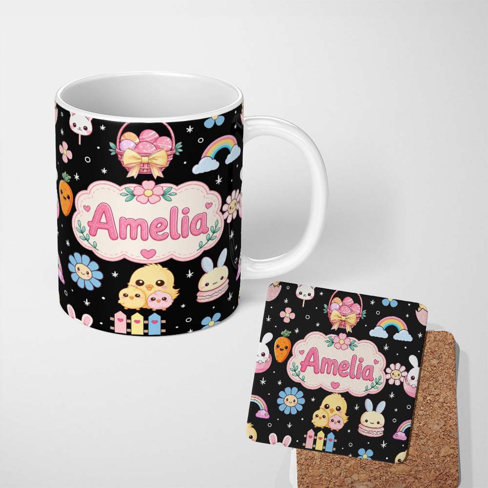 Personalized Custom Name Easter Chick Bunny Macaron Carrot Rainbow Seamless Pattern Black 11oz Ceramic Coffee Tea Mug White Large Handle
