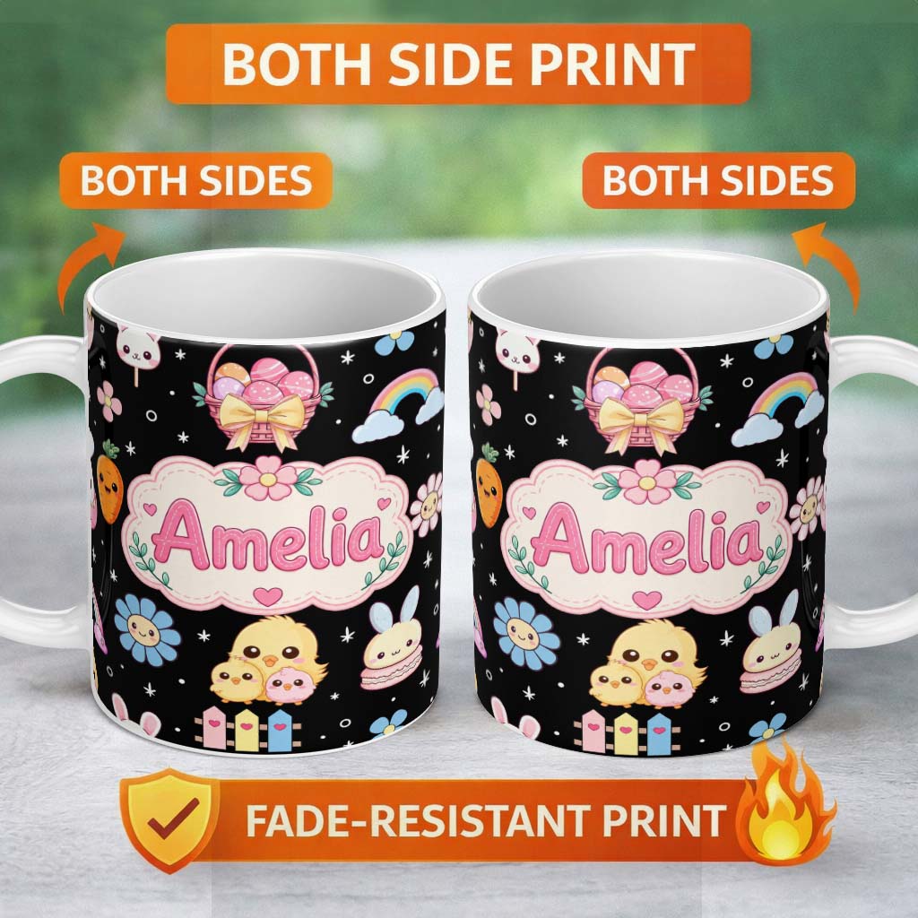 Personalized Custom Name Easter Chick Bunny Macaron Carrot Rainbow Seamless Pattern Black 11oz Ceramic Coffee Tea Mug White Large Handle