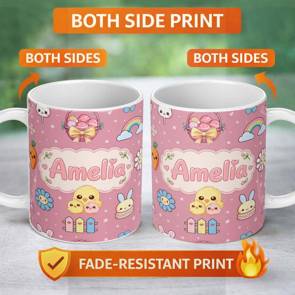 Personalized Custom Name Cute Easter Chick Bunny Carrot Rainbow Basket Seamless Pattern Pink 11oz Ceramic Coffee Tea Mug White Large Handle
