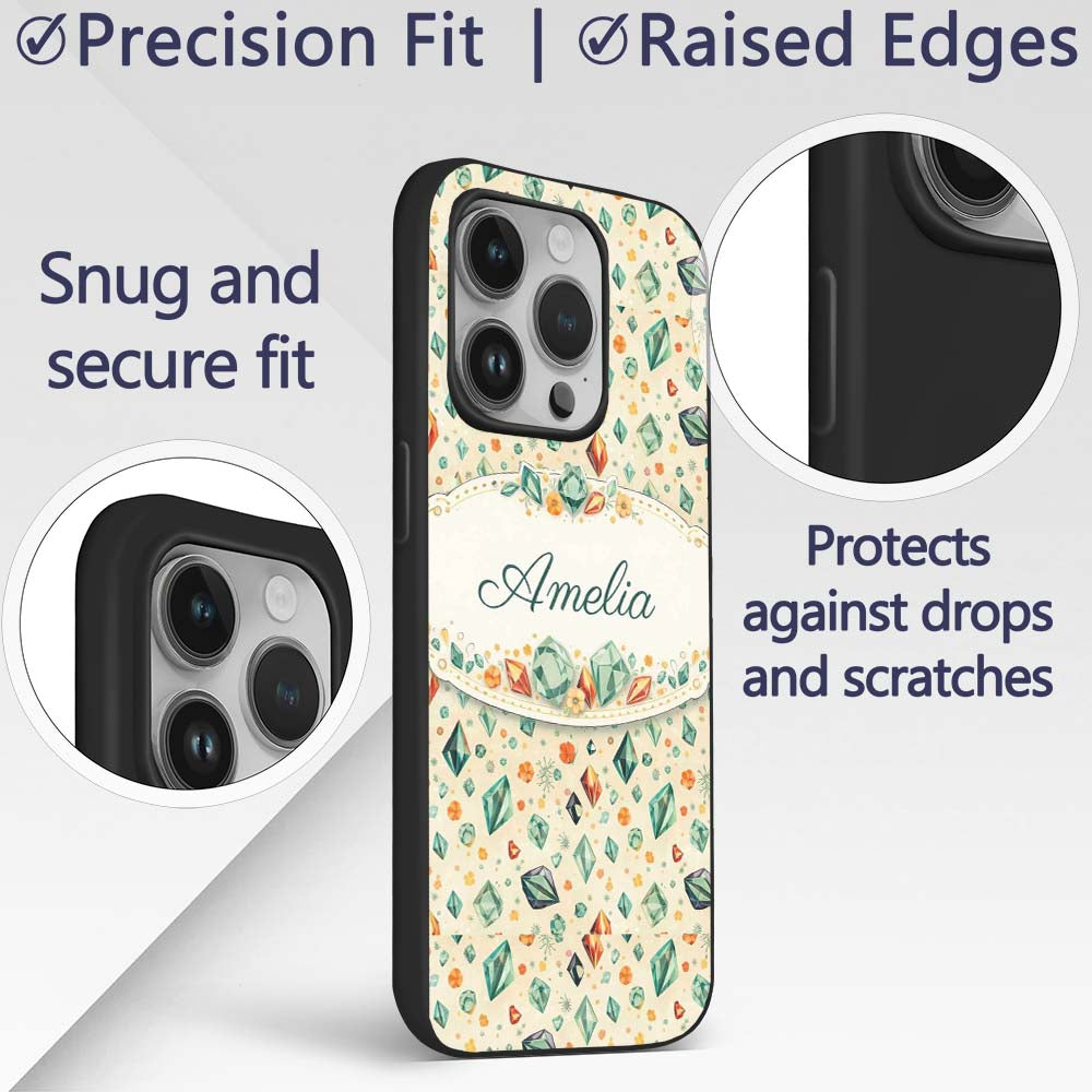 Decorative Crystal Floral Seamless Pattern Pastel Custom Name Protective Phone Case Mobile Cover Durable Everyday Smartphone Shock Resistant