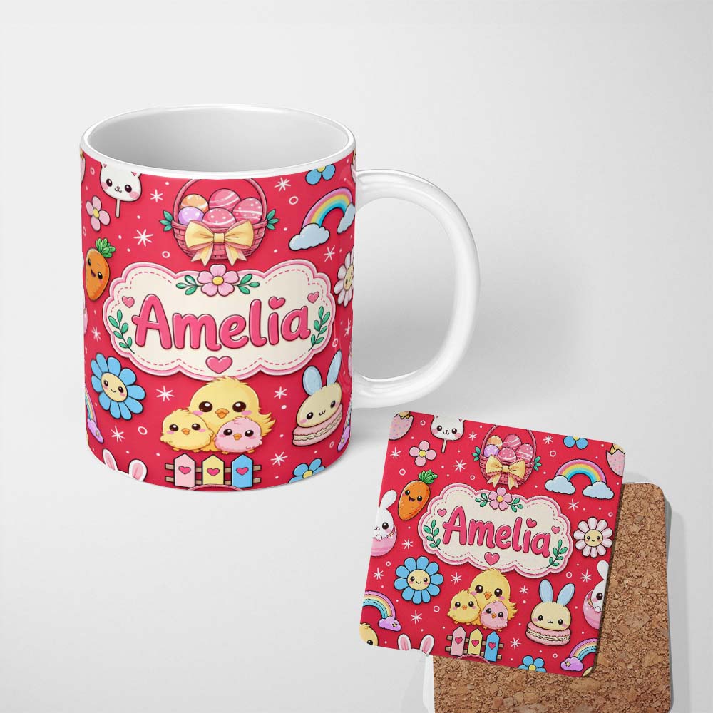 Personalized Custom Name Cute Easter Chick Bunny Carrot Rainbow Basket Seamless Pattern Red 11oz Ceramic Coffee Tea Mug White Large Handle