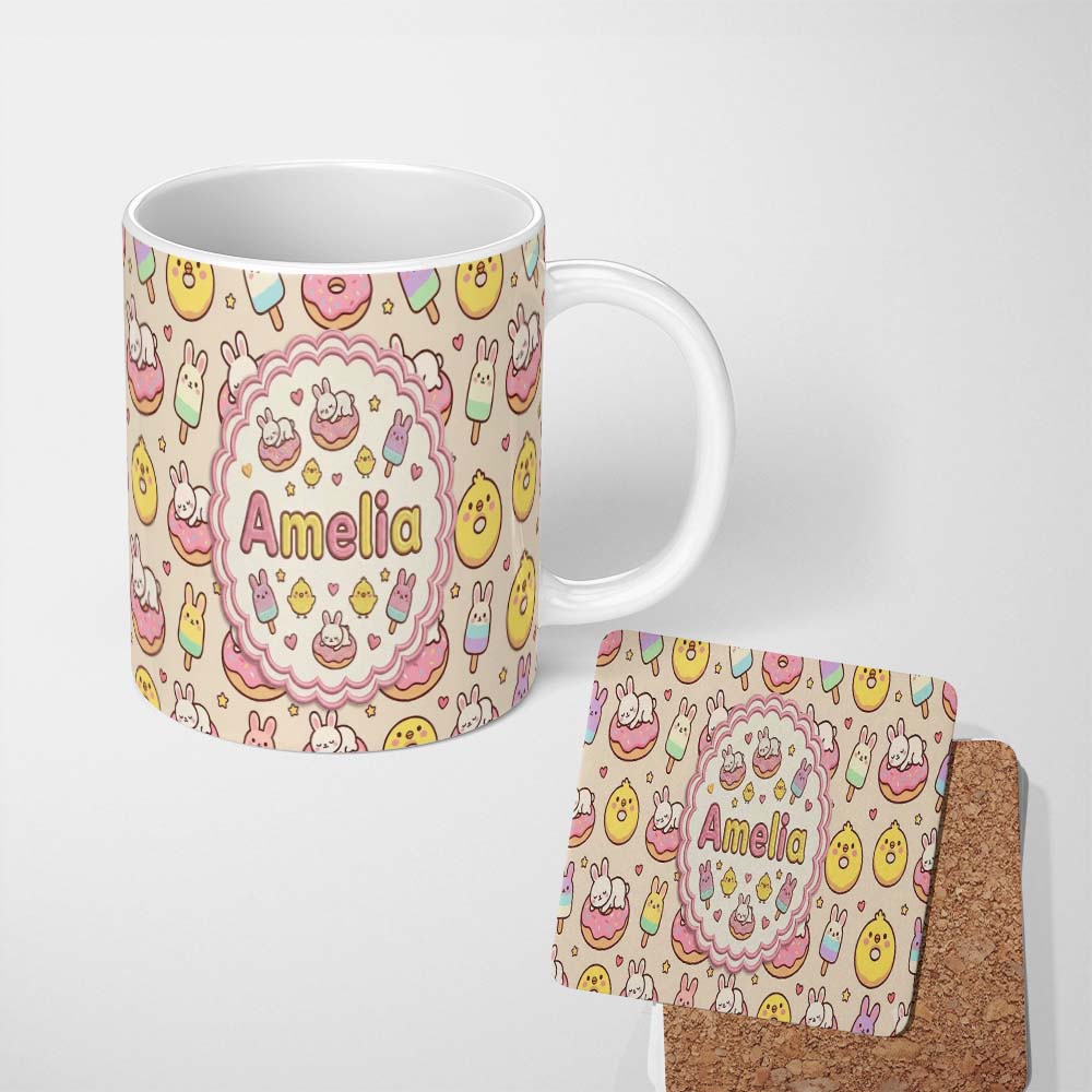 Personalized Custom Name Cute Bunny Ice Cream Donut Chick Kawaii Seamless Pattern Background 11oz Ceramic Coffee Tea Mug White Large Handle