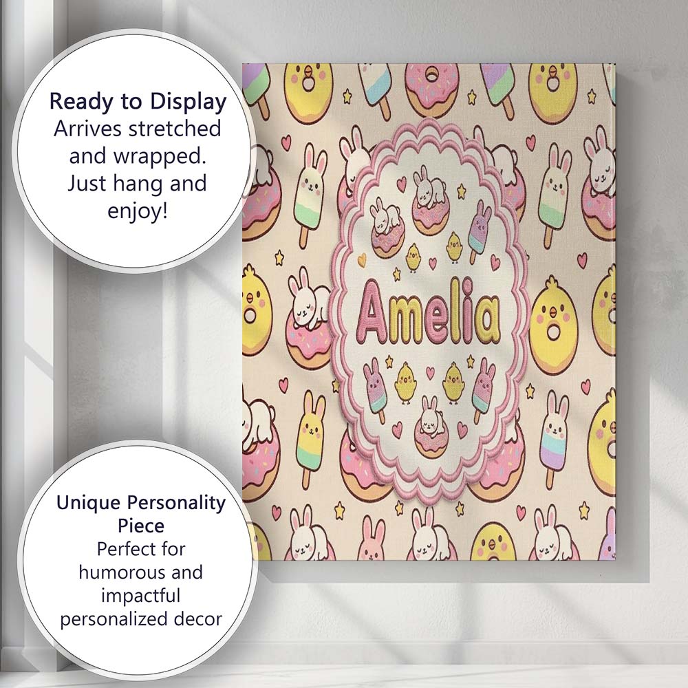 Personalised Name Cute Bunny Ice Cream Custom Modern Room Accent Elegant Feature Canvas Wall Art Print Decor Picture Ready to Hang