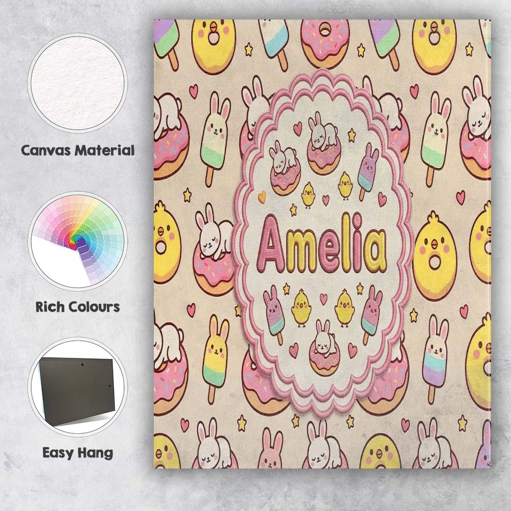 Personalised Name Cute Bunny Ice Cream Custom Modern Room Accent Elegant Feature Canvas Wall Art Print Decor Picture Ready to Hang