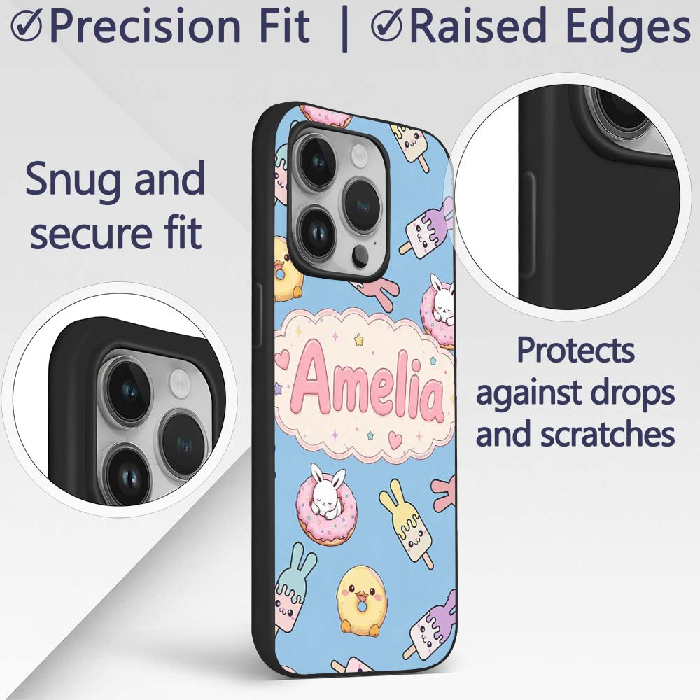 Cute Bunny Ice Cream Donut Chick Kawaii Seamless Custom Name Protective Phone Case Mobile Cover Durable Everyday Smartphone Shock Resistant