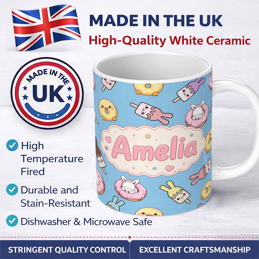 Personalized Custom Name Cute Bunny Ice Cream Donut Chick Kawaii Seamless Pattern Blue 11oz Ceramic Coffee Tea Mug White Large Handle