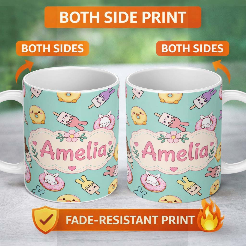 Personalized Custom Name Cute Bunny Ice Cream Donut Chick Kawaii Seamless Pattern Mint 11oz Ceramic Coffee Tea Mug White Large Handle