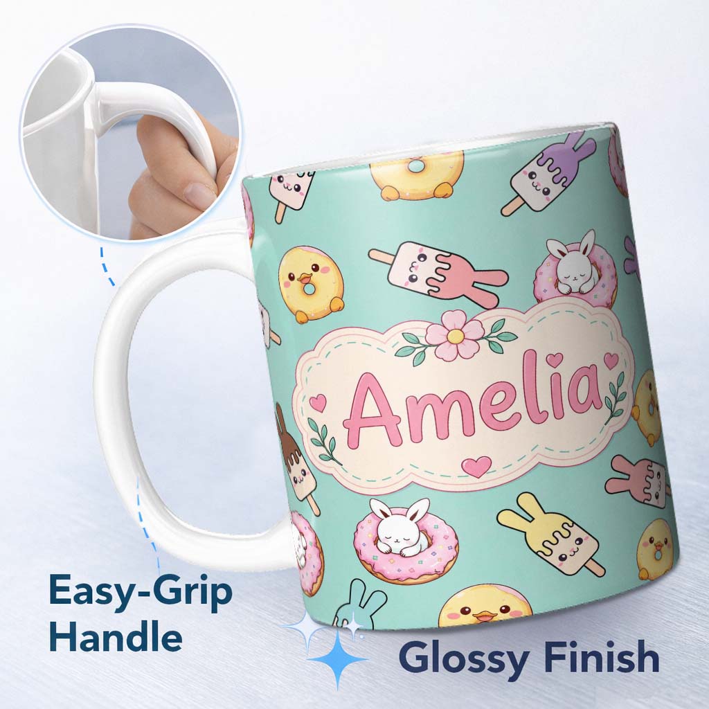 Personalized Custom Name Cute Bunny Ice Cream Donut Chick Kawaii Seamless Pattern Mint 11oz Ceramic Coffee Tea Mug White Large Handle