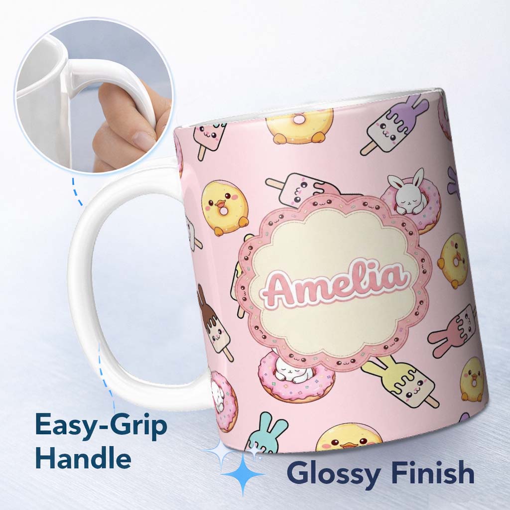 Personalized Custom Name Cute Bunny Ice Cream Donut Chick Kawaii Seamless Pattern Blush 11oz Ceramic Coffee Tea Mug White Large Handle