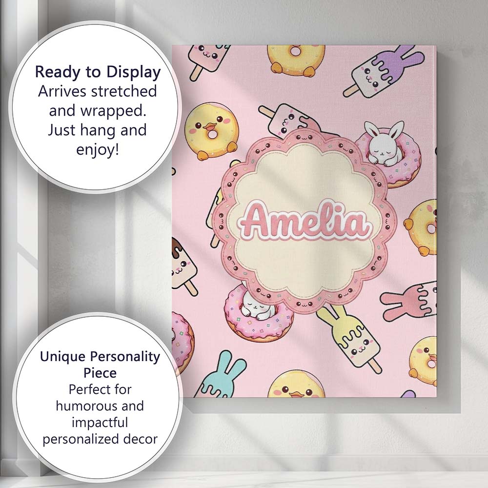 Personalised Name Cute Bunny Ice Cream Custom Modern Room Accent Elegant Feature Canvas Wall Art Print Decor Picture Ready to Hang