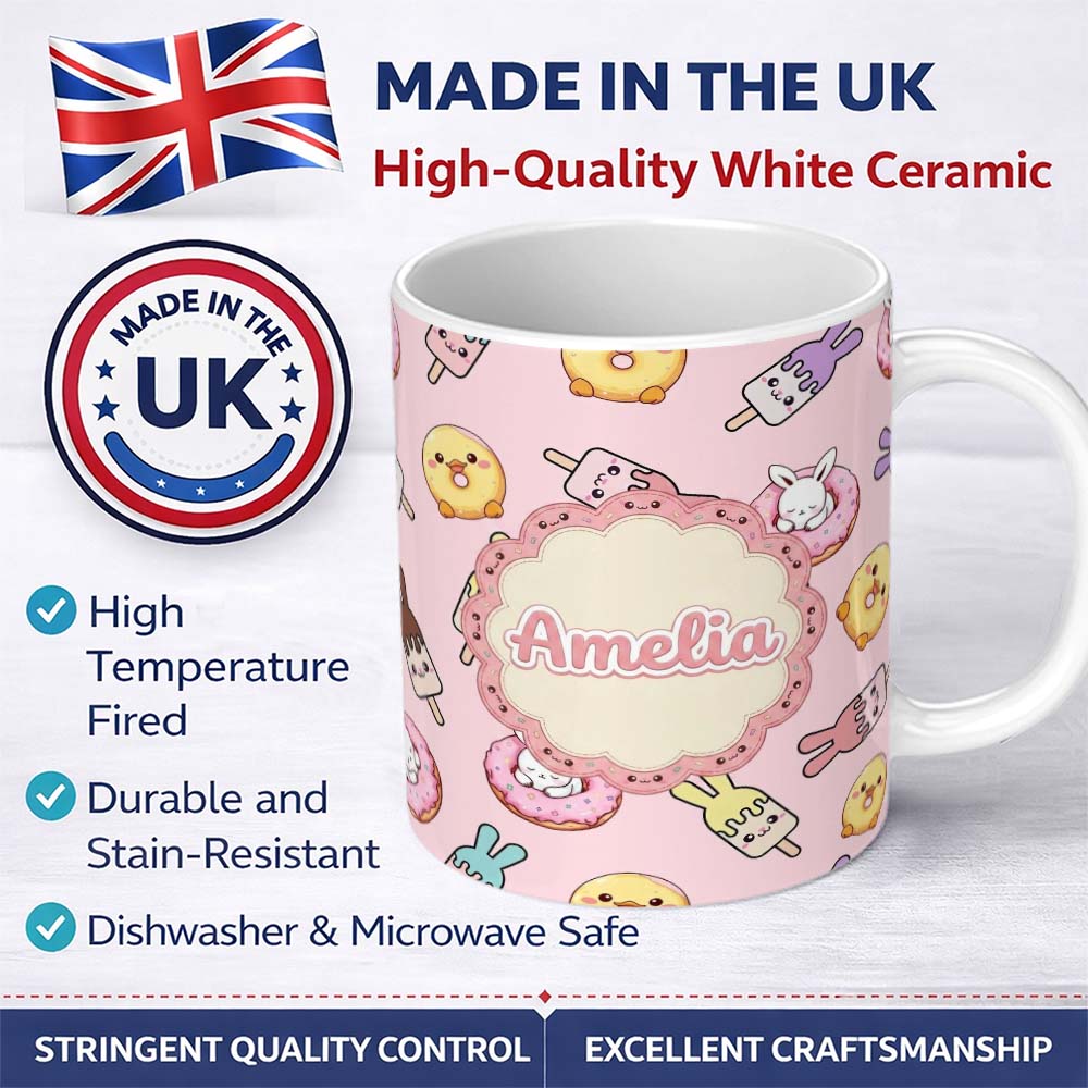 Personalized Custom Name Cute Bunny Ice Cream Donut Chick Kawaii Seamless Pattern Blush 11oz Ceramic Coffee Tea Mug White Large Handle
