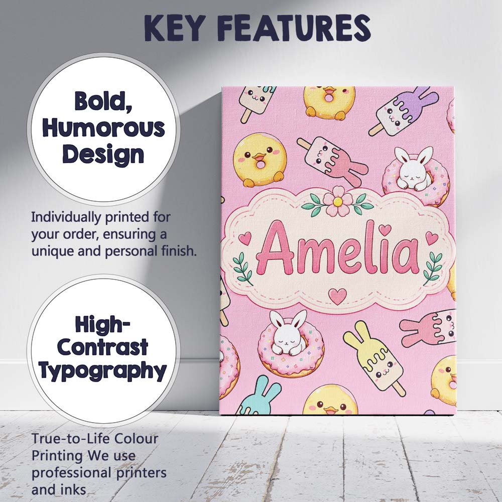 Personalised Name Cute Bunny Ice Cream Custom Modern Room Accent Elegant Feature Canvas Wall Art Print Decor Picture Ready to Hang