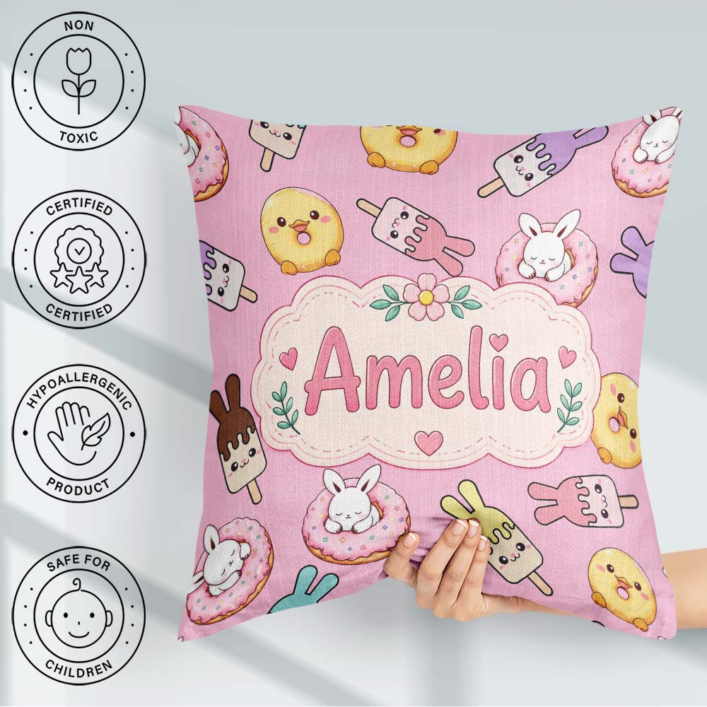 Custom Name Cute Bunny Ice Cream Donut Chick Kawaii Pattern Pink Square Filled Cushion Throw Pillow Sofa Bed Home Decor Zip Washable UK Made