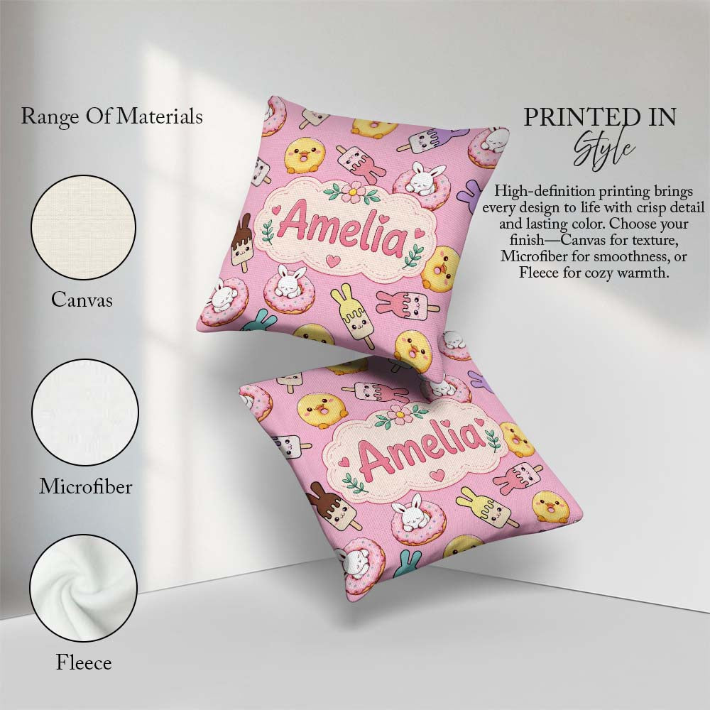 Custom Name Cute Bunny Ice Cream Donut Chick Kawaii Pattern Pink Square Filled Cushion Throw Pillow Sofa Bed Home Decor Zip Washable UK Made