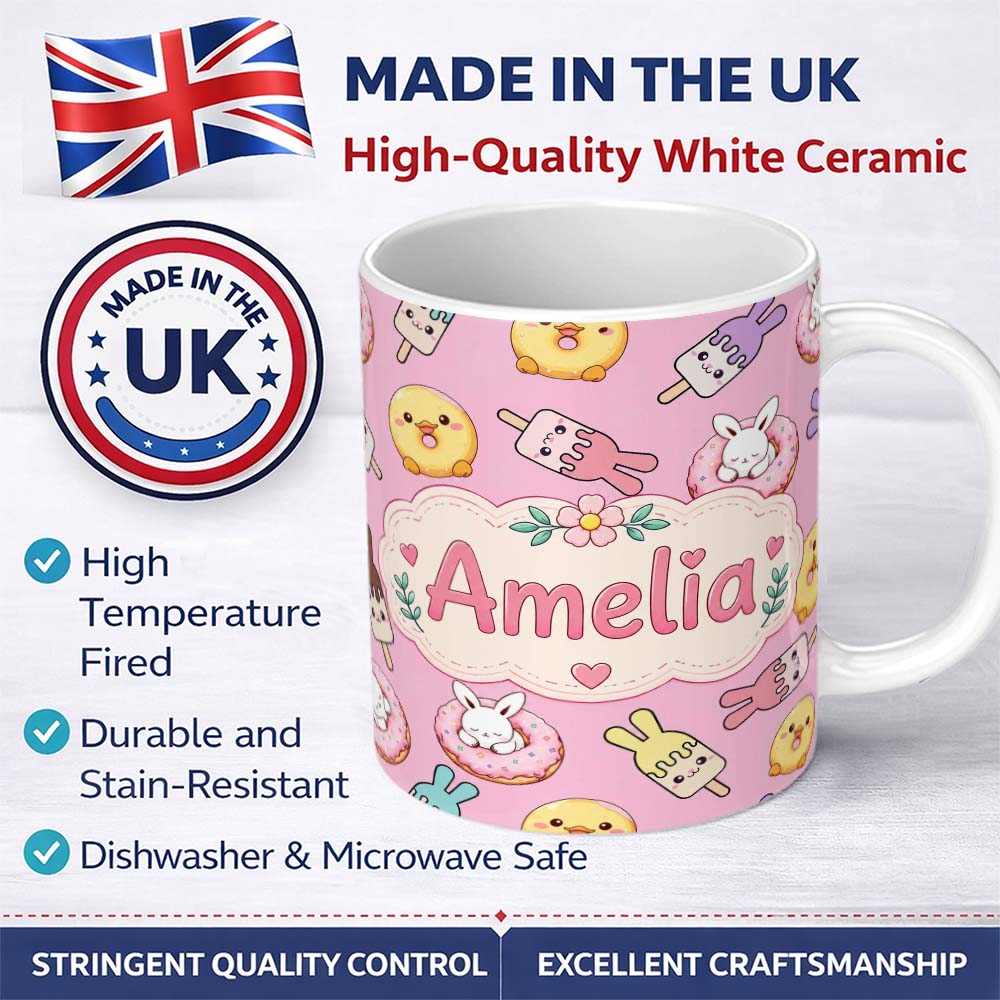Personalized Custom Name Cute Bunny Ice Cream Donut Chick Kawaii Seamless Pattern Pink 11oz Ceramic Coffee Tea Mug White Large Handle