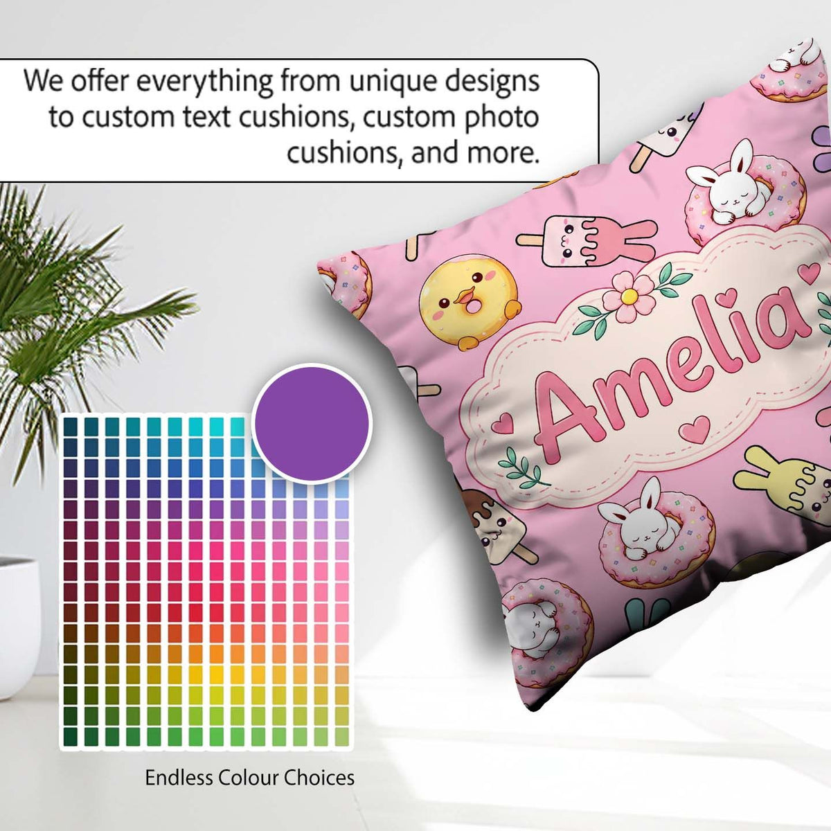 Custom Name Cute Bunny Ice Cream Donut Chick Kawaii Pattern Pink Square Filled Cushion Throw Pillow Sofa Bed Home Decor Zip Washable UK Made