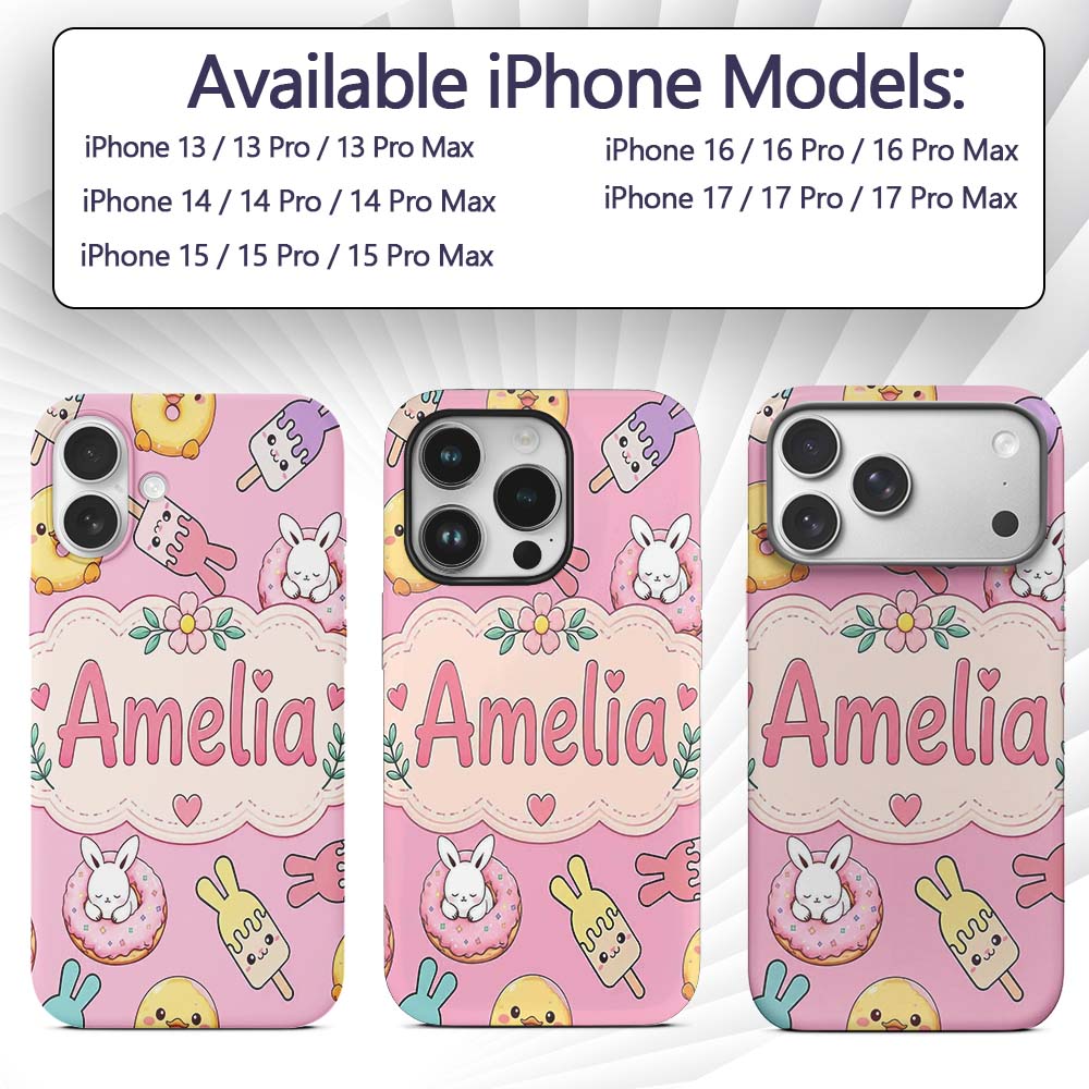 Cute Bunny Ice Cream Donut Chick Kawaii Seamless Custom Name Protective Phone Case Mobile Cover Durable Everyday Smartphone Shock Resistant