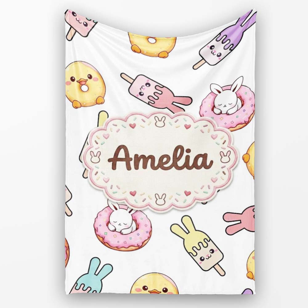 Cute Bunny Ice Cream Donut Chick Kawaii Seamless Pattern Grey Personalised Custom Name Super Soft Fleece Blanket Bed Sofa Throw