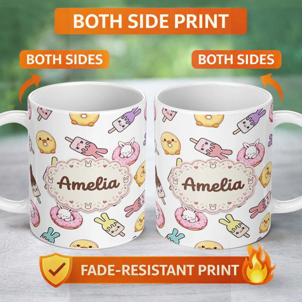 Personalized Custom Name Cute Bunny Ice Cream Donut Chick Kawaii Seamless Pattern Grey 11oz Ceramic Coffee Tea Mug White Large Handle