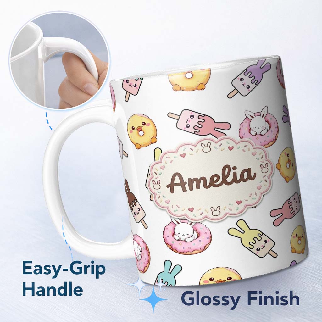 Personalized Custom Name Cute Bunny Ice Cream Donut Chick Kawaii Seamless Pattern Grey 11oz Ceramic Coffee Tea Mug White Large Handle