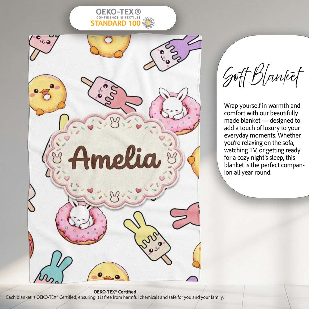 Cute Bunny Ice Cream Donut Chick Kawaii Seamless Pattern Grey Personalised Custom Name Super Soft Fleece Blanket Bed Sofa Throw