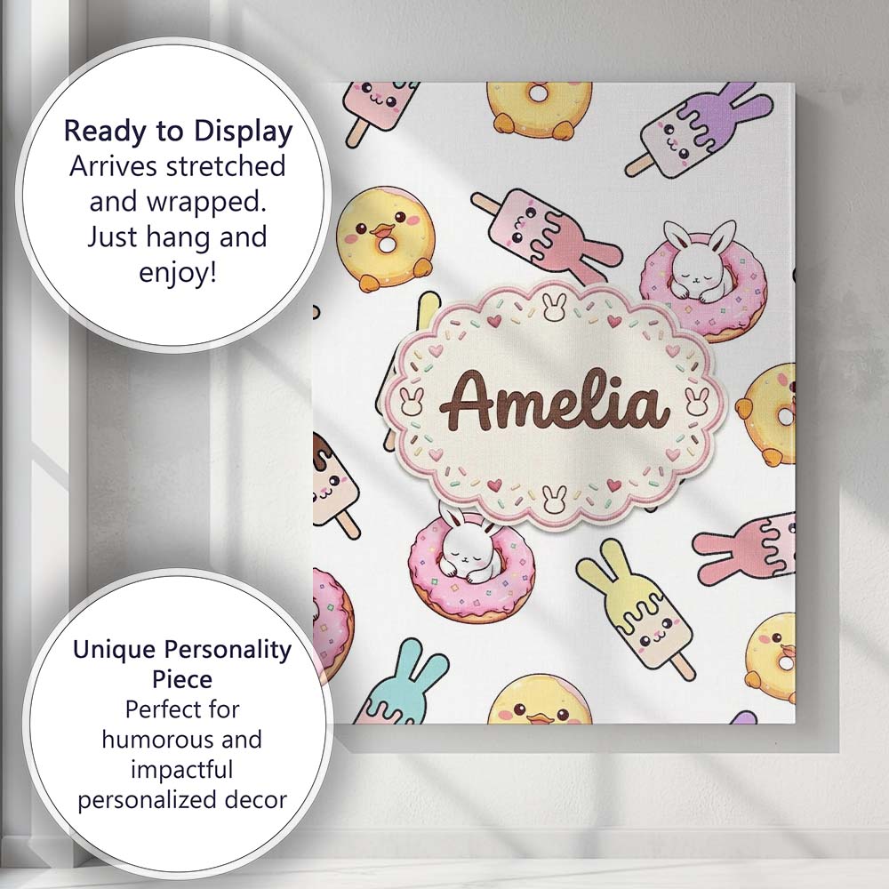 Personalised Name Cute Bunny Ice Cream Custom Modern Room Accent Elegant Feature Canvas Wall Art Print Decor Picture Ready to Hang