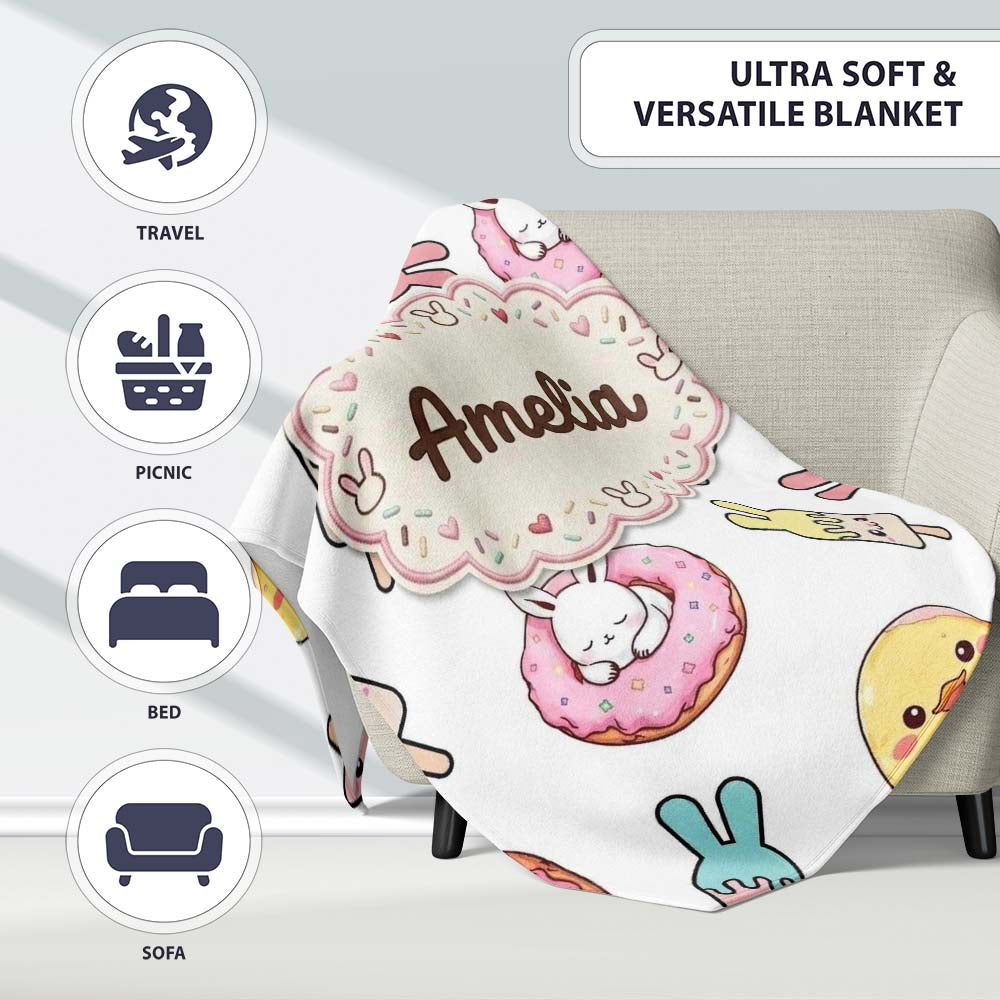 Cute Bunny Ice Cream Donut Chick Kawaii Seamless Pattern Grey Personalised Custom Name Super Soft Fleece Blanket Bed Sofa Throw