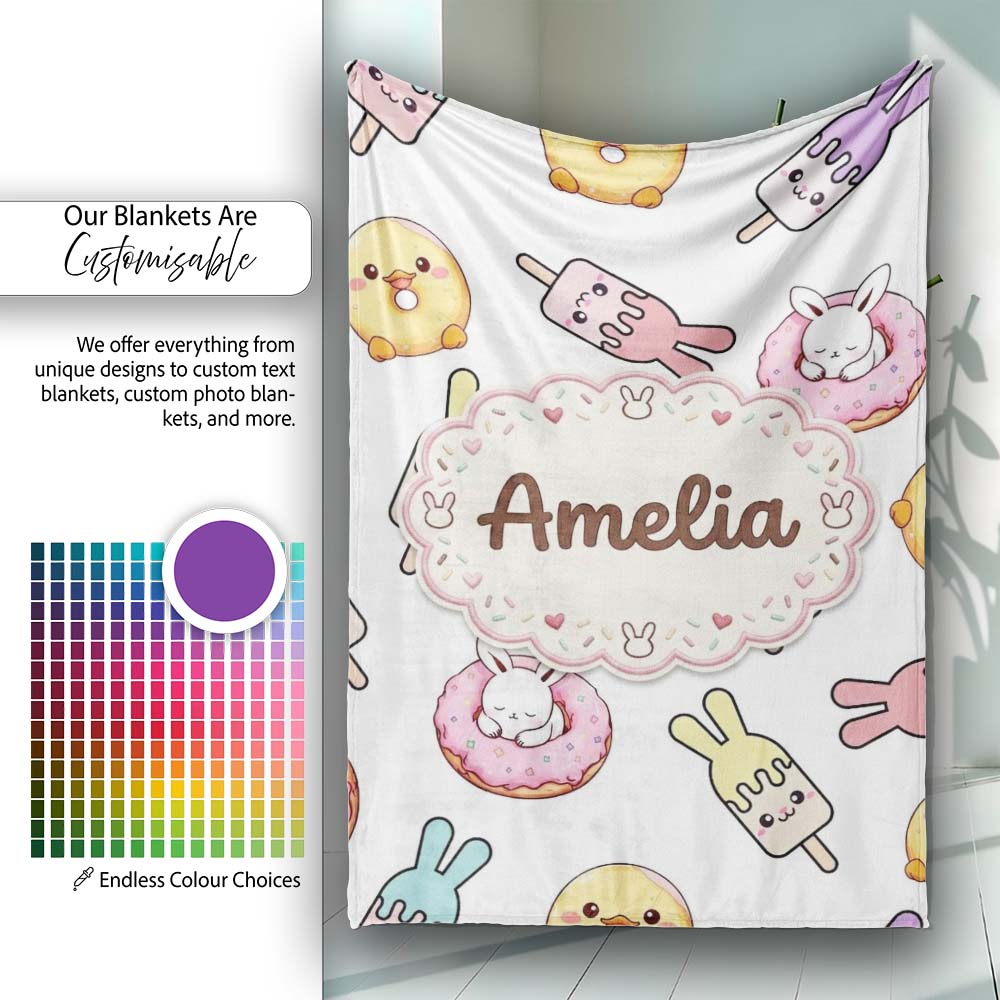 Cute Bunny Ice Cream Donut Chick Kawaii Seamless Pattern Grey Personalised Custom Name Super Soft Fleece Blanket Bed Sofa Throw