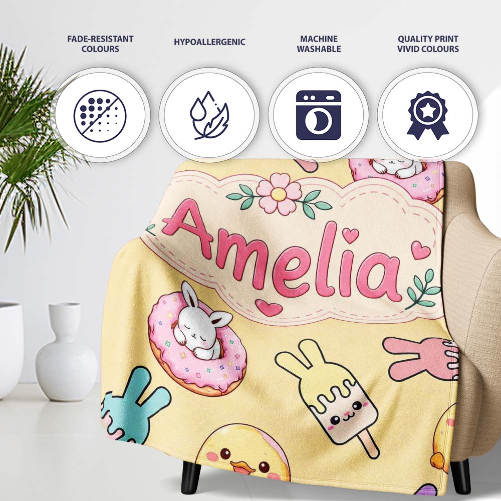 Cute Bunny Donut Ice Cream Kawaii Dessert Seamless Pattern Yellow Personalised Custom Name Super Soft Fleece Blanket Bed Sofa Throw