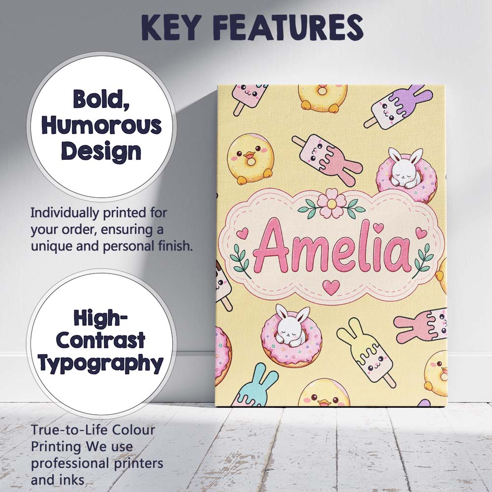 Personalised Name Cute Bunny Donut Ice Custom Modern Room Accent Elegant Feature Canvas Wall Art Print Decor Picture Ready to Hang