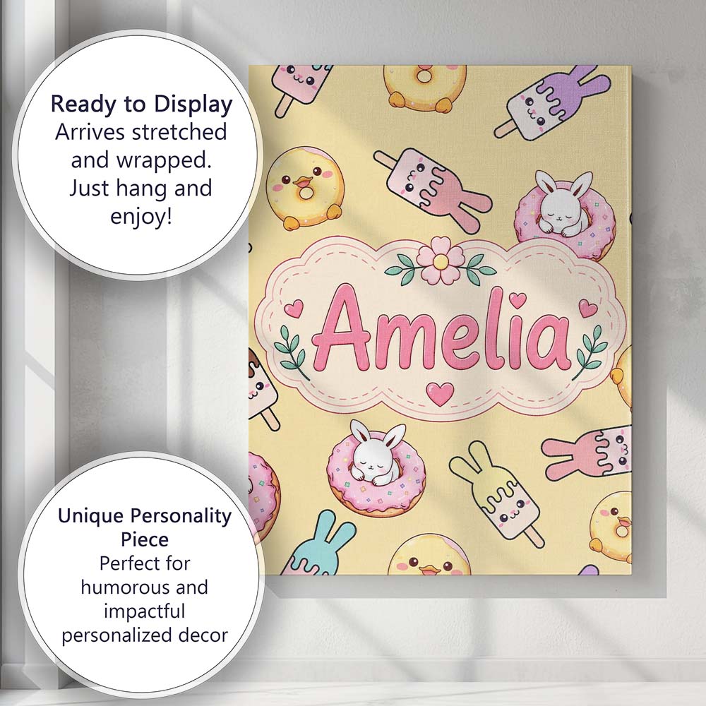Personalised Name Cute Bunny Donut Ice Custom Modern Room Accent Elegant Feature Canvas Wall Art Print Decor Picture Ready to Hang