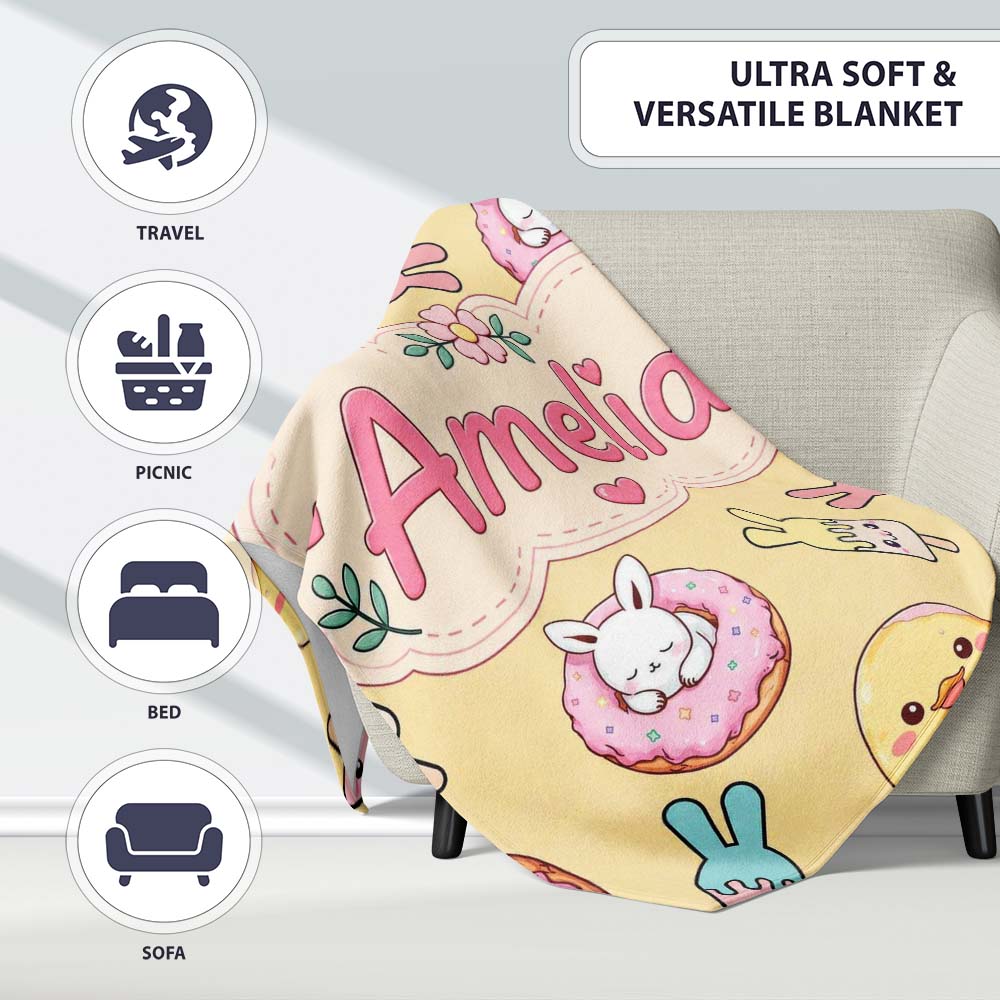 Cute Bunny Donut Ice Cream Kawaii Dessert Seamless Pattern Yellow Personalised Custom Name Super Soft Fleece Blanket Bed Sofa Throw