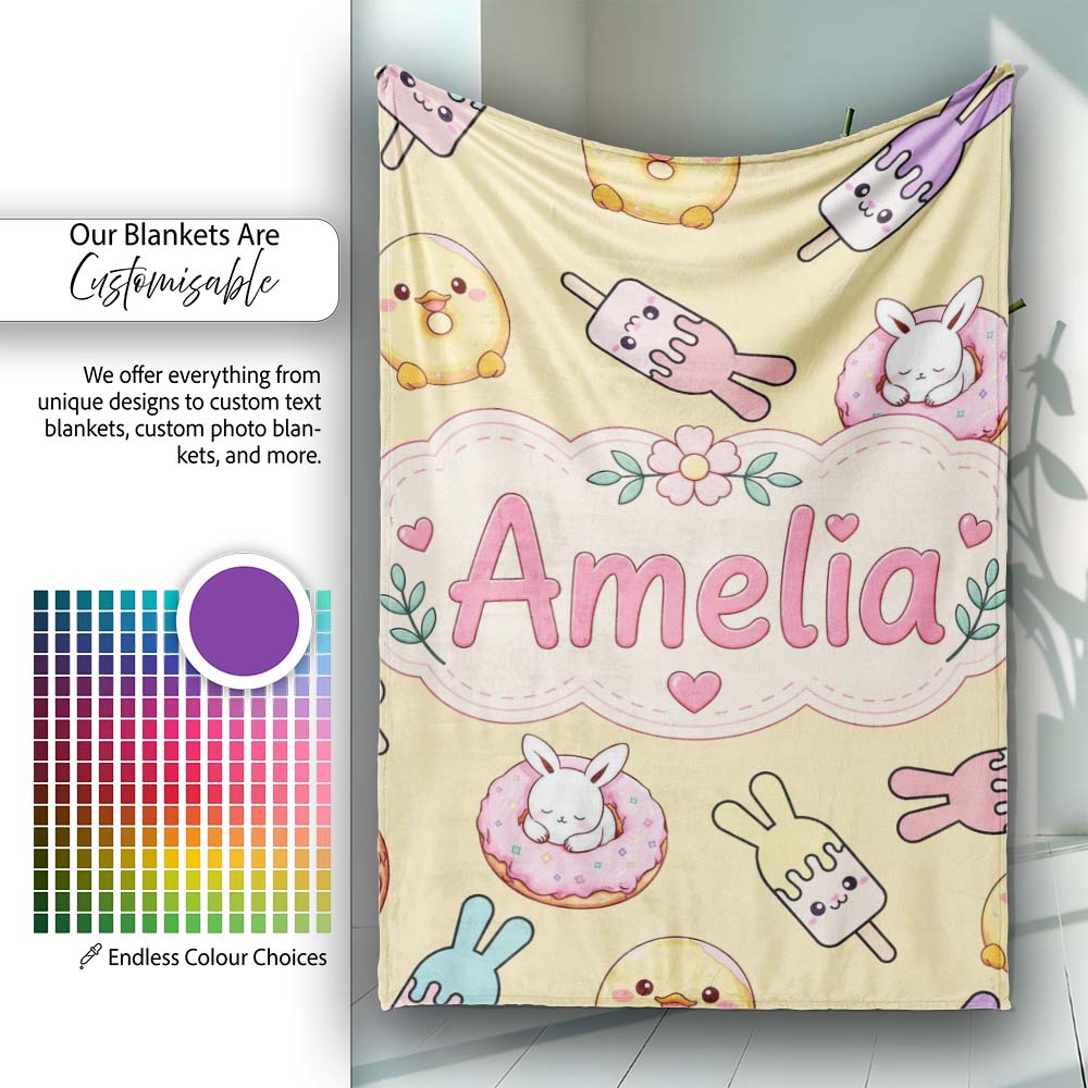 Cute Bunny Donut Ice Cream Kawaii Dessert Seamless Pattern Yellow Personalised Custom Name Super Soft Fleece Blanket Bed Sofa Throw