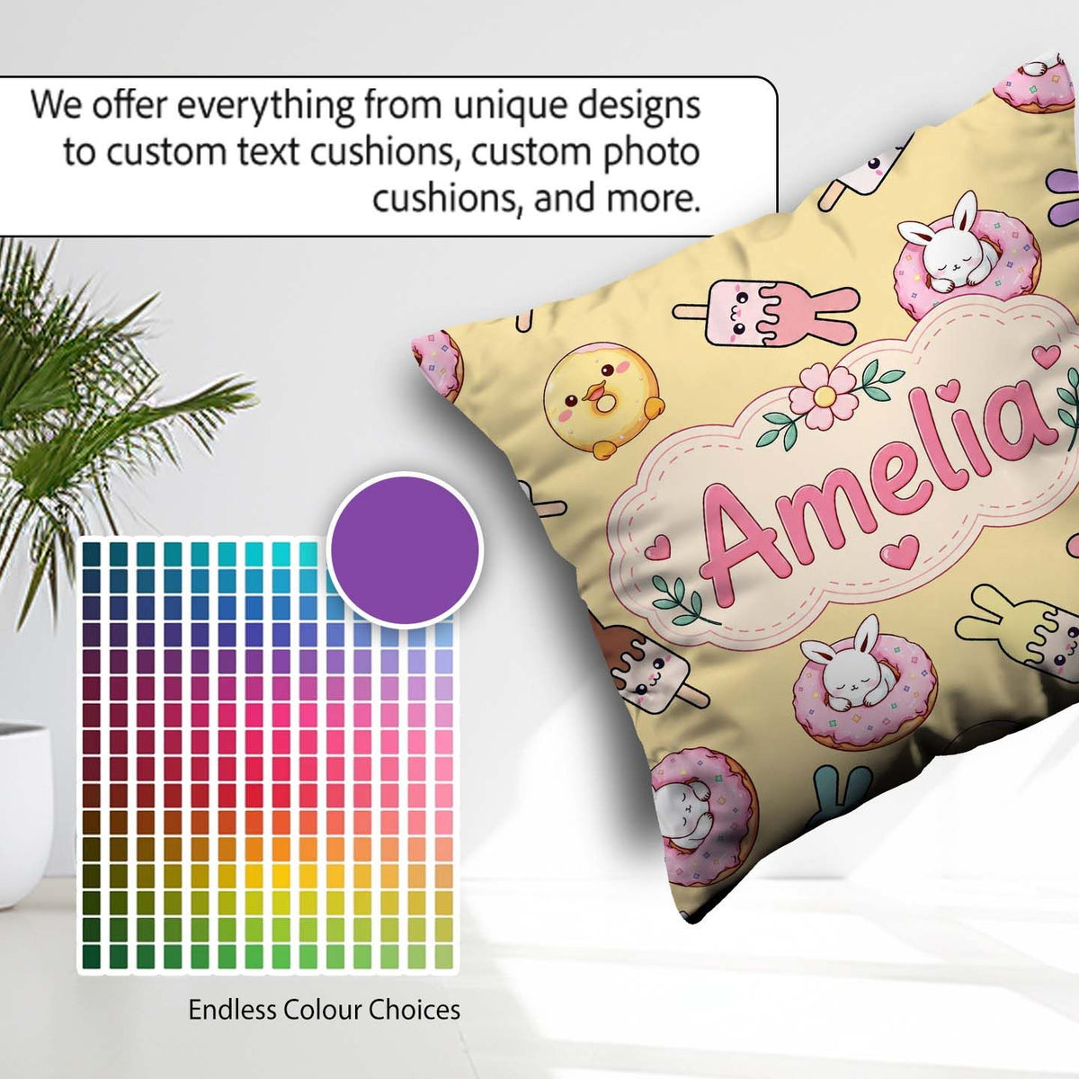 Custom Name Bunny Donut Ice Cream Kawaii Dessert Seamless Yellow Square Filled Cushion Throw Pillow Sofa Bed Home Decor Zip Washable UK Made