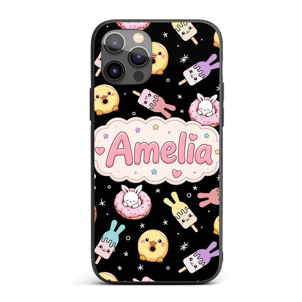 Cute Bunny Donut Ice Cream Kawaii Printed Design Custom Name Protective Phone Case Mobile Cover Durable Everyday Smartphone Shock Resistant