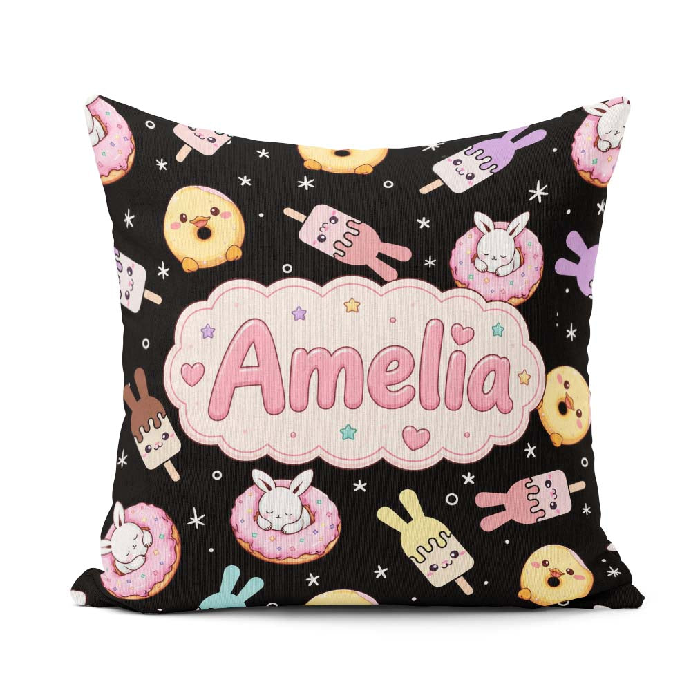 Custom Name Bunny Donut Ice Cream Dessert Seamless Pattern Black Square Filled Cushion Throw Pillow Sofa Bed Home Decor Zip Washable UK Made