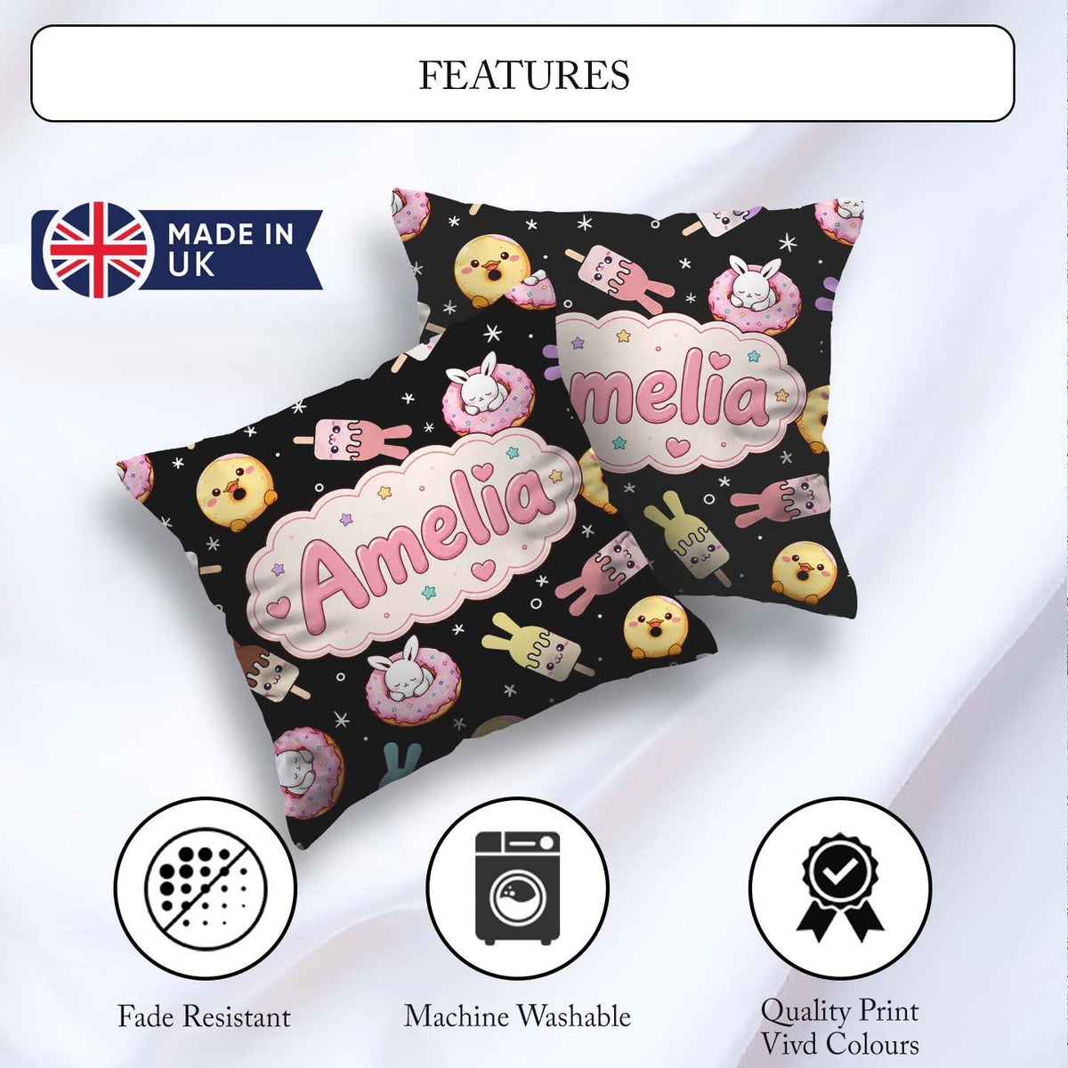 Custom Name Bunny Donut Ice Cream Dessert Seamless Pattern Black Square Filled Cushion Throw Pillow Sofa Bed Home Decor Zip Washable UK Made