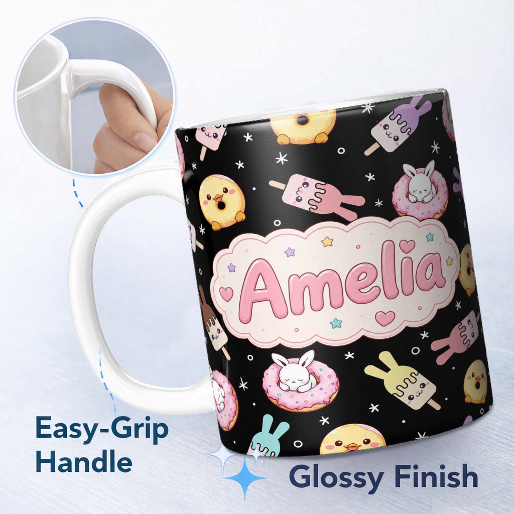 Personalized Custom Name Cute Bunny Donut Ice Cream Kawaii Dessert Seamless Pattern Black 11oz Ceramic Coffee Tea Mug White Large Handle