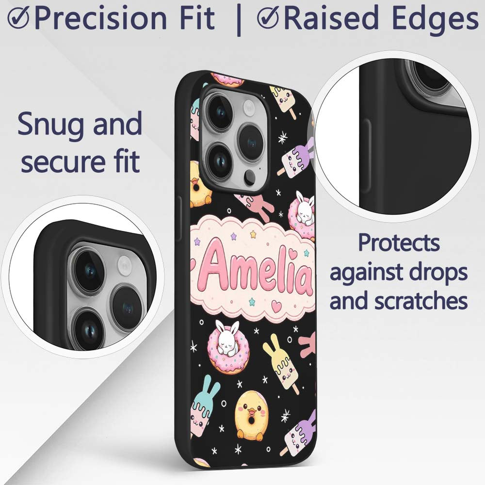 Cute Bunny Donut Ice Cream Kawaii Printed Design Custom Name Protective Phone Case Mobile Cover Durable Everyday Smartphone Shock Resistant