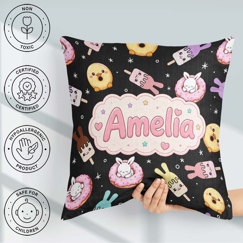 Custom Name Bunny Donut Ice Cream Dessert Seamless Pattern Black Square Filled Cushion Throw Pillow Sofa Bed Home Decor Zip Washable UK Made