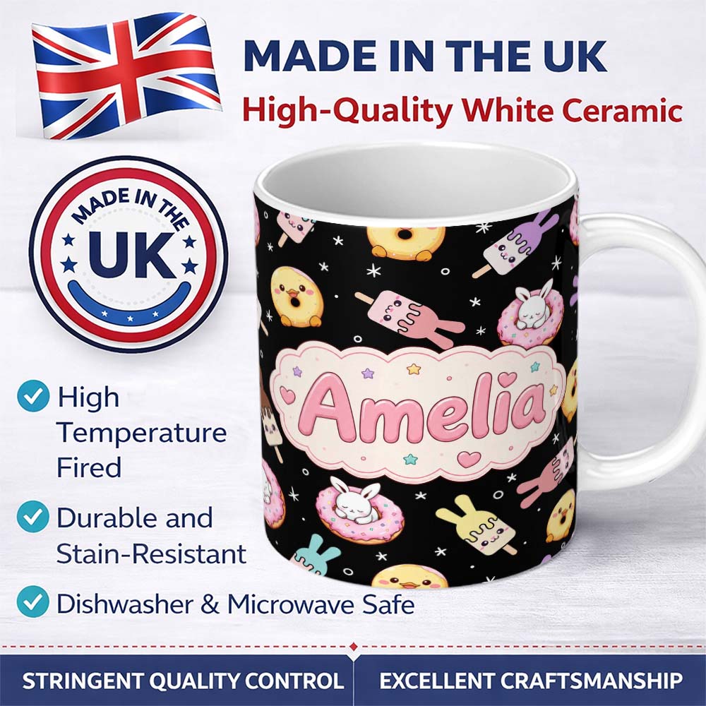Personalized Custom Name Cute Bunny Donut Ice Cream Kawaii Dessert Seamless Pattern Black 11oz Ceramic Coffee Tea Mug White Large Handle