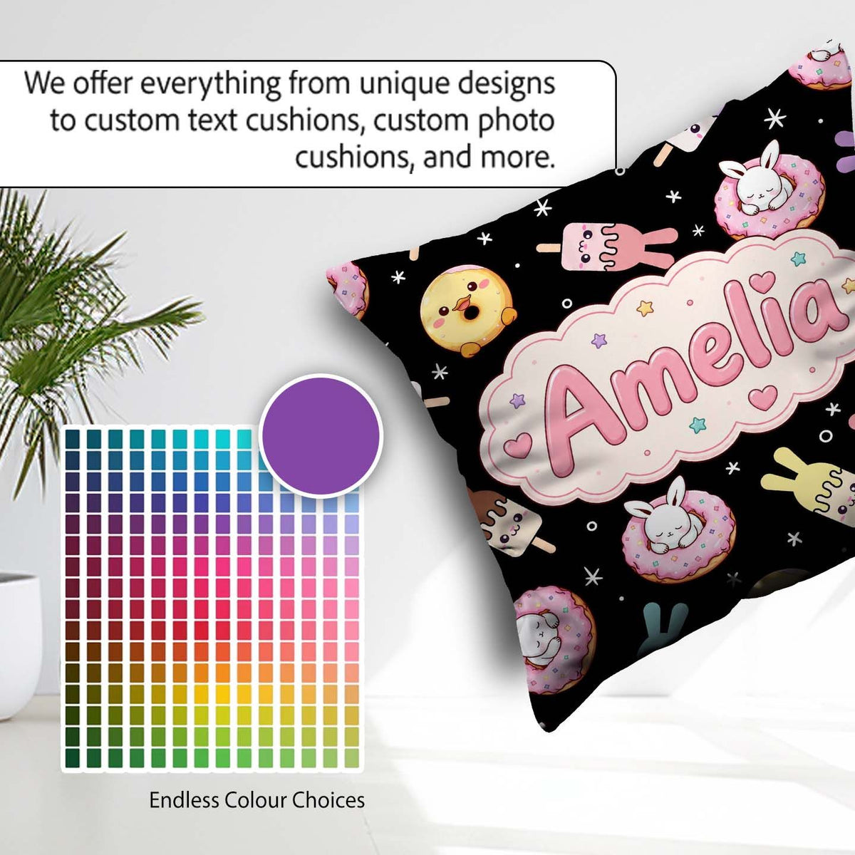 Custom Name Bunny Donut Ice Cream Dessert Seamless Pattern Black Square Filled Cushion Throw Pillow Sofa Bed Home Decor Zip Washable UK Made